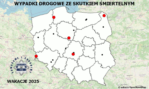 Policyjna mapa wypadków drogowych ze skutkiem śmiertelnym – Wakacje 2025