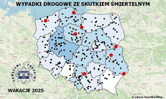 Policyjna mapa wypadków drogowych ze skutkiem śmiertelnym – Wakacje 2025