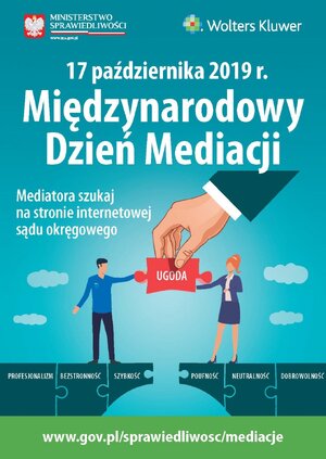 Plakat zapowiadający Międzynarodowy Dzień Mediacji
Kobieta z mężczyzną trzymają część układanki z napisem ,,ugoda"