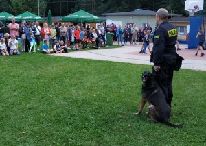 policjant z psem na drugim planie tłum ludzi