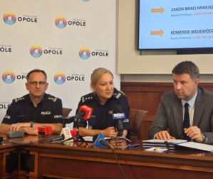 Komendant Wojewódzki Policji w Opolu oraz Komendant Miejski Policji w Opolu, w umundurowaniu, i przedstawiciele władz miasta podczas podpisywania umowy na przekazanie dotacji